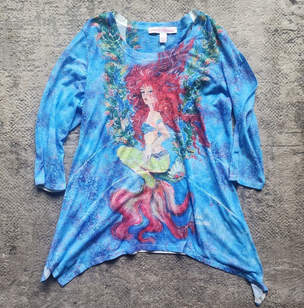 Leoma Lovegrove Mermaid XL Tunic Shirt Asymmetrical Blue 3/4 Sleeve Top